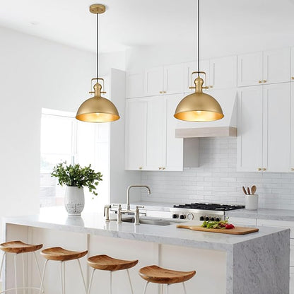 12 Inch Gold Farmhouse Pendant Lights Matte Pendant Lights for Kitchen Island Industrial Adjustable Height Vintage Dome Hanging Light Fixtures for Barn, Dining Room 2 Packs