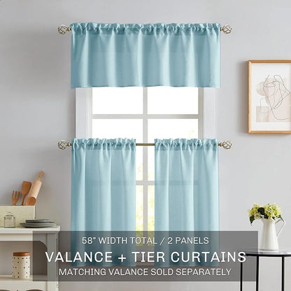 Melodieux Blue Semi Sheer Tier Curtains 36 Inch Length for Kitchen Cafe Bedroom Small Windows, Linen Look Rod Pocket Short Curtain Tiers Voile Drapes, 2 Panels