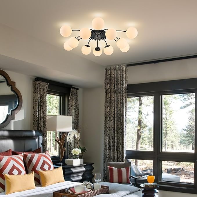 Longree 12-Light Black and White Sputnik Chandelier Opal Glass Flush Mount Ceiling Light Fixture with Blossom Accent, Mid Century Milk Glass Bubble Starburst Lighting for Dining Living