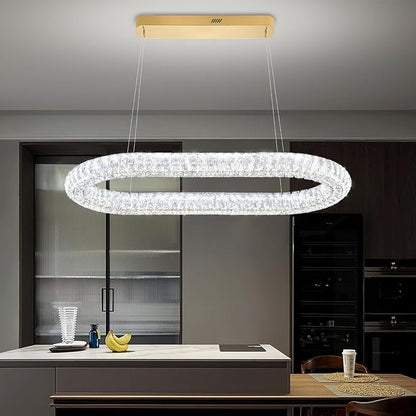 Crystal Ring Chandelierfor Living Room, 40'' Gold Ring Pendant Light for Kitchen Island Modern Dimmable Linear Oval Chandeliers for Dining Room