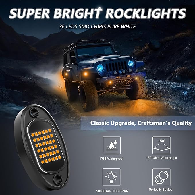 Rock Lights Ultra Bright LED Neon Underglow Lights Waterproof for Trucks Pickup SUV UTV ATV RZR Car Boats Motorcycle (Yellow, 4 Pods)