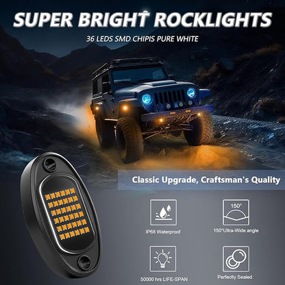 Rock Lights Ultra Bright LED Neon Underglow Lights Waterproof for Trucks Pickup SUV UTV ATV RZR Car Boats Motorcycle (Yellow, 8 Pods)