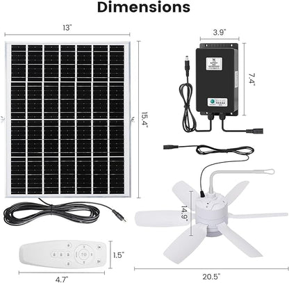 Fanspex 20.5'' Solar Rechargeable Ceiling Fan Light with Battery Backup, 25W Solar Powered Hanging Fans for Outdoor Gazebo, Chicken Coop, Greenhouse, Shed, Pet House