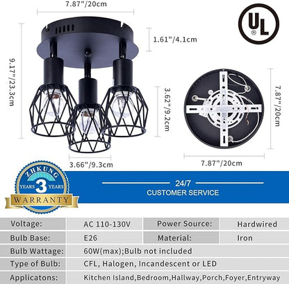 Industrial Semi Flush Mount Ceiling Light, 3-Light Multi-Directional Ceiling Light Fixtures, Vintage Black Metal Wire Cage Farmhouse Pendant Lighting for Kitchen Dining Room Hallway Foyer Bedroom E26