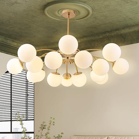 Longree 16-Light Gold and White Sputnik Chandeliers with Blossom Accent Milk Glass Bubble Pendant Light Fixture, Mid Century Starburst Lighting Frosted Glass Ceiling Lights for Dining Living