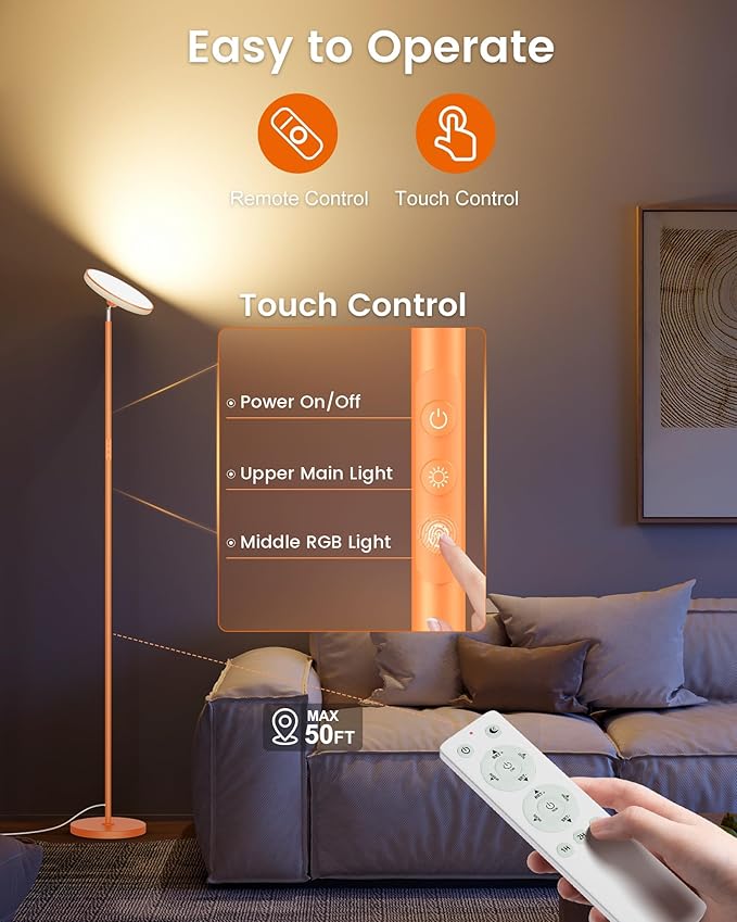 OHLUX Floor Lamps for Living Room, Bright LED Standing Lamp with Remote, Modern Color Changing Tall Lamp with Stepless Dimming, 69" Corner Floor Lamp for Bedroom, Office, RGB Orange