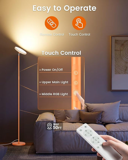 OHLUX Floor Lamps for Living Room, Bright LED Standing Lamp with Remote, Modern Color Changing Tall Lamp with Stepless Dimming, 69" Corner Floor Lamp for Bedroom, Office, RGB Orange