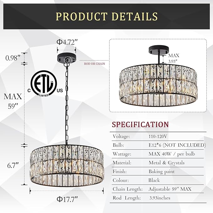 CATINER Black Crystal Chandelier 6-Lights Crystal Pendant Light Large 18 Inches Drum Semi Flush Mount Ceiling Lights for Dining Room Living Room Kitchen Closet