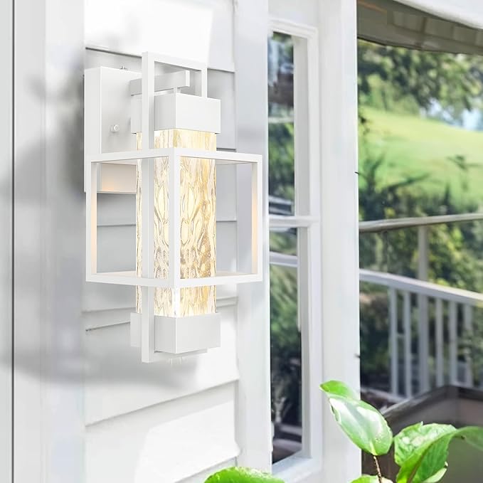 PARTPHONER Modern Outdoor Wall Porch Lights 2 Pack, 15" Exterior Sconce Waterproof Dusk to Dawn Lighting, White