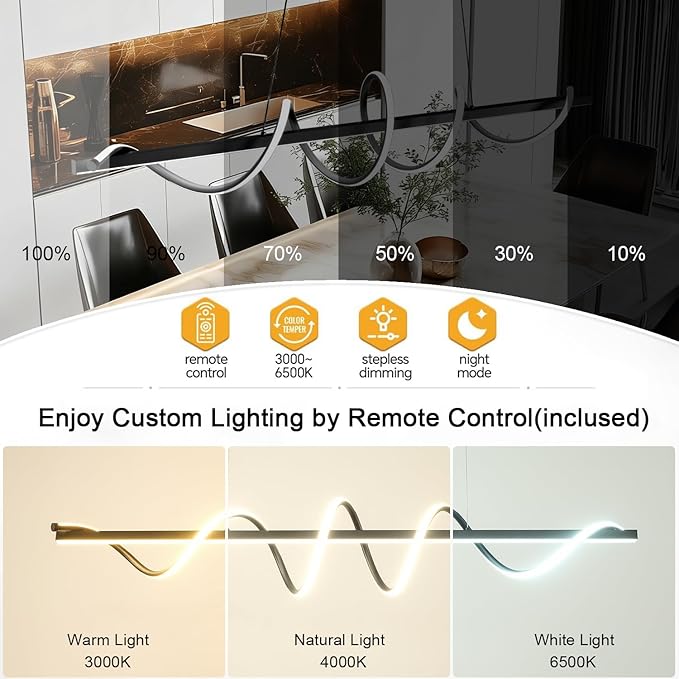Modern Kitchen Island Light Fixtures 3000K-6500K Black Pendant Lights Fixture with 59.05 inch Soft Silicone Lamp Strip DIY Outlook Modern Linear Chandelier for Table Dining Room Island