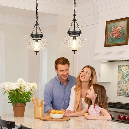 Vintage Pendant Light - Matte Black Pendant Lights Kitchen Island with Hammered Glass Shade, Hanging Lighting Fixtures with Adjustable Hanging Chain for Kitchen, Island, Dining Room, Entryway