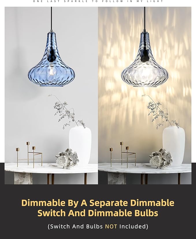 AUTELO Blue Pendant Lights Kitchen Island, 10" Hammered Glass Pendant Lights, Modern Pendant Light Fixtures in Matte Black Finish, Hanging Lamp for Dining Room, Kitchen Sink, H9164 BU