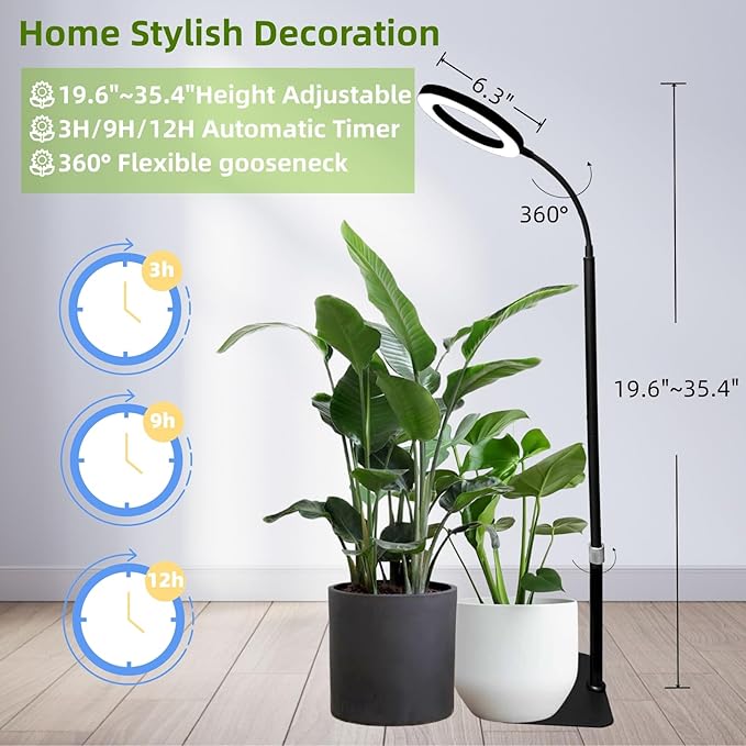 LED Grow Light for Indoor Plants, Full Spectrum led Grow Light,35 inches Adjustable Height,Growing Lamp with Timer, 10 Dimmable Brightness,Ideal for Tall Plants