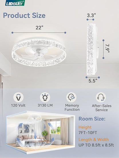 LEDIARY 22 Inch Ceiling Fans with Lights and Remote, Fandelier Low Profile Ceiling Fan, 3000K-6000K Dimmable Flush Mount LED Fan Light, White Modern Ceiling Fans with Lights for Bedroom