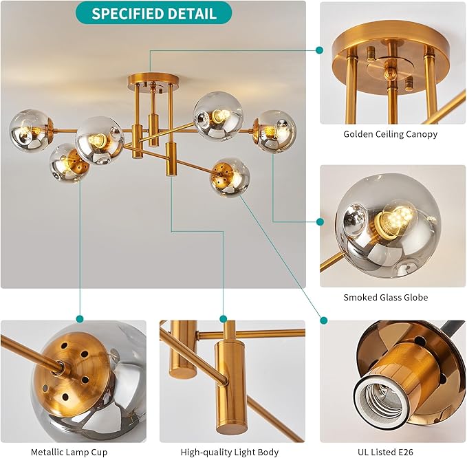 DDLLDESHI 6 Lights Gold Chandelier Globe Glass Cover Sputnik Ceiling Light Fixture,34" Large Dining Room Light Fixture Smoke Bubble Chandeliers for Living Room（Modern Chandelier Decor