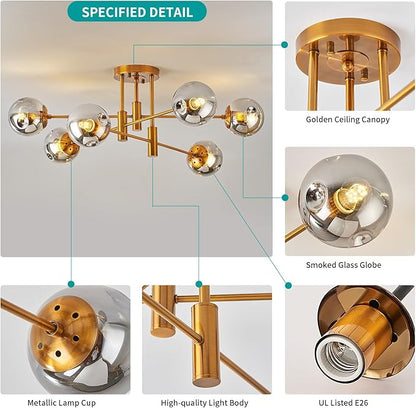 DDLLDESHI 6 Lights Gold Chandelier Globe Glass Cover Sputnik Ceiling Light Fixture,34" Large Dining Room Light Fixture Smoke Bubble Chandeliers for Living Room（Modern Chandelier Decor