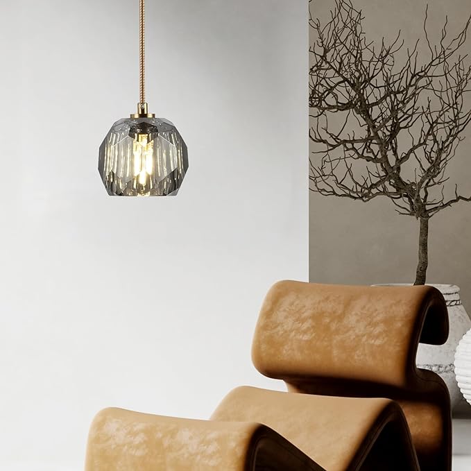 Modern Farmhouse Pendant Lights, Brass Smoke Crystal Hanging Lamp, Small 1 Light Raindrop Chanadelier for Bedroom Dining Room Kitchen Island Entryway Living Room