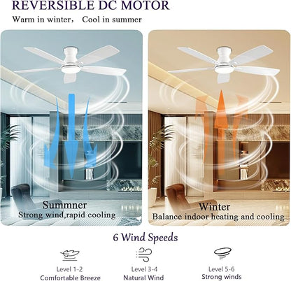 NKPU Ceiling Fans with Lights, Low Profile Ceiling Fan with Light and Remote/APP Control, DC Motor, Noiseless, Flush Mount, 52inch White Ceiling Fan for Bedroom Indoor/Outdoor Use