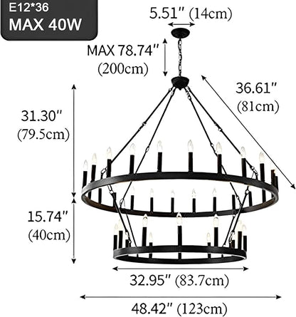 48 Inch Large Black Wagon Wheel Chandelier,2 Tier 36-Lights Farmhouse Industrial Country Style Round Pendant Light Fixture for Outdoor Porch high Ceilings Living Dining Room Foyer Entryway