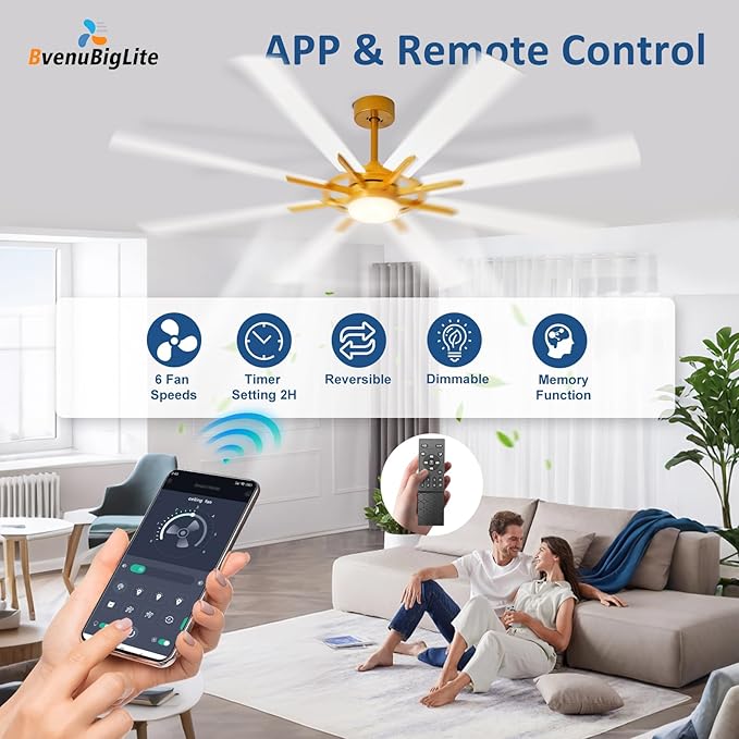 Large Ceiling Fans with Lights: Modern 66 Inch 8 Blade Outdoor Ceiling Fan with Remote APP Control - Dimmable White Gold Big Fan light Indoor Reversible 6 Speed Quiet DC Motor
