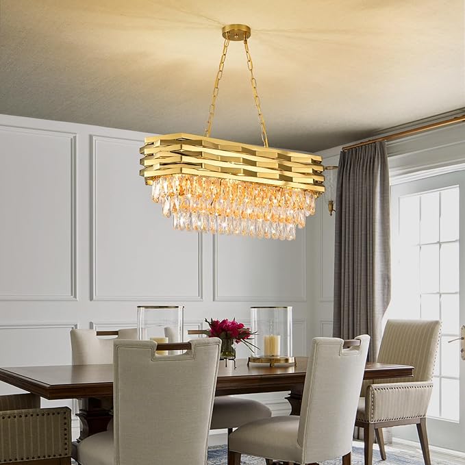 Gold Modern Crystal Chandeliers for Dining Room 8-Light Gold Chandelier Living Room Dining Room Chandelier Oval Ceiling Hanging Light Pendant Light Fixture for Kitchen Island Bar L32 inch