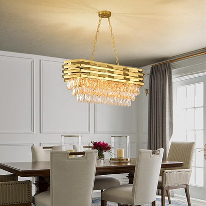 Gold Modern Crystal Chandeliers for Dining Room 8-Light Gold Chandelier Living Room Dining Room Chandelier Oval Ceiling Hanging Light Pendant Light Fixture for Kitchen Island Bar L32 inch