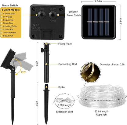 WIND STAR Solar Rope Light, 39FT 100 LEDs Fairy String Light Solar Powered, 8 Modes IP65 Waterproof Tube Light Decorative for Balcony Patio Garden Fence Camping, Warm White