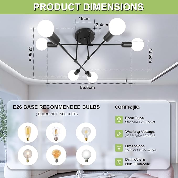 CANMEIJIA Modern Sputnik Chandelier Ceiling Light Fixture with 6 Lights Black Mid Century Ceiling Mount Lights Fixture for Bedroom, Dining Room, Living Room, Kitchen, E26 Base, Bulbs Not Included