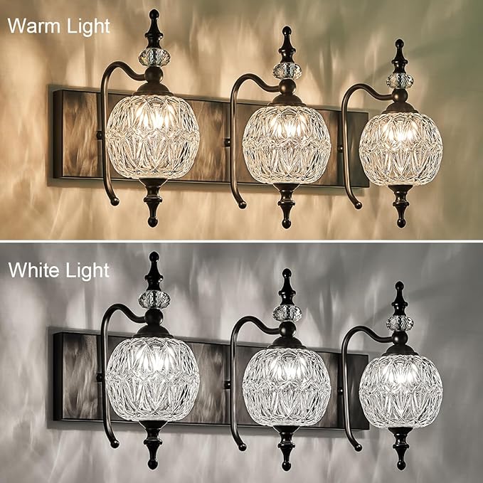 Vintage Black 3 Lights Bathroom Vanity Light Fixtures, Modern Bedhroom Lighting Painted Black Surface with Thick Crystal Glass Shade, Vintage Vanity Light for Bathroom Farmhouse Bedroom