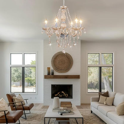 Crystal Chandeliers for Dining Room, 6-Lights Classic Cognac Pendant Light K9 Vintage Chandelier for Bedroom, Candle Ceiling Light Fixture Cognac Chandelier for Living Room Wedding Decor