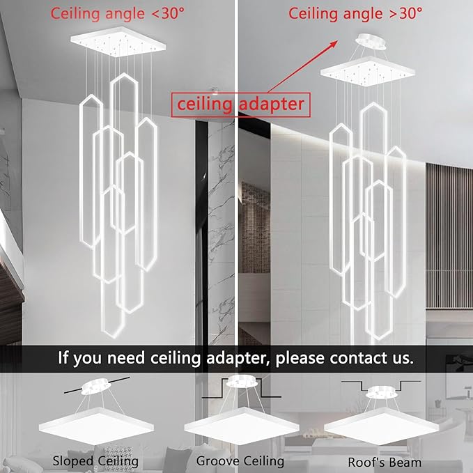6-Rings Modern Chandelier White Large Contemporary LED Dimmable Light for Living Room Entrance High Ceiling Chandeliers with Remote Control for Villa Foyer