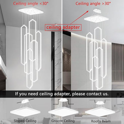 6-Rings Modern Chandelier White Large Contemporary LED Dimmable Light for Living Room Entrance High Ceiling Chandeliers with Remote Control for Villa Foyer