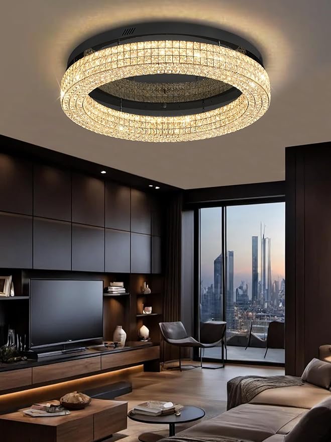 ykolupty 32'' Modern Chandeliers for Living Room Crystal Chandelier Flush Mount Ceiling Light Fixture for Dining Room Living Room Bedroom Dimmable 2700-6000K (Black Chandelier)