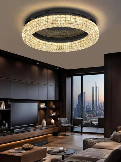 ykolupty 32'' Modern Chandeliers for Living Room Crystal Chandelier Flush Mount Ceiling Light Fixture for Dining Room Living Room Bedroom Dimmable 2700-6000K (Black Chandelier)