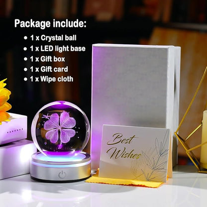 Crystal 3D Four-Leaf Clover 3.15in Ball Figurine Good Luck Gifts for Women on Birthday, Collectible Glass Plants Art for Room with LED Light Base, Lucky Keepsakes for Him Home Decor Paperweight