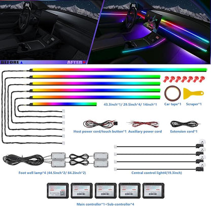 Dreamcolor Acrylic Interior Car LED Strip Light with Wireless APP, RGB 14 in 1 with 175 inches 600 LEDs Fiber Optic Car Ambient Lighting Kits, Music Sync Function Neon LED Strip for Car Accessories