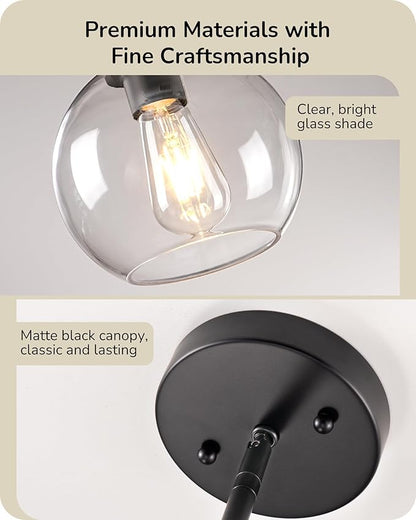 EDISHINE Modern Pendant Lights Kitchen Island 2 Pack, Hanging Light Fixture with Clear Glass Globe Shade, Hardwired Matte Black Adjustable Metal Rod for Bathroom, Dining Room, Bedroom