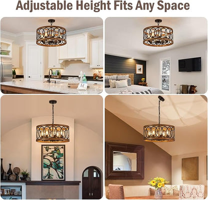 8-Light Farmhouse Drum Pendant Light,19.68'' Nature Wood Texture Vintage Rustic Chandeliers Black Metal Industrial Hanging Light Fixtures for Entryway, Bedroom Dining Room