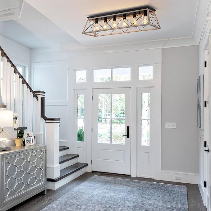 38" Large Rectangular Flush Mount Ceiling Light Fixture, 6-Light Vintage Industrial Farmhouse Cage Chandelier for Dining Room Kitchen Island Living Room Hallway, Oak White Close to Ceiling Lighting
