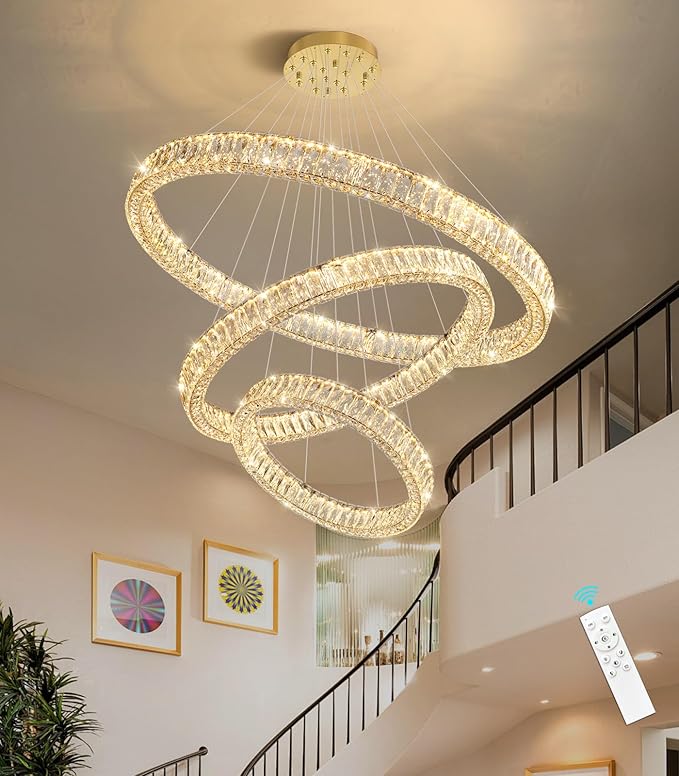HAIXIANG Large Glam Chandelier Crystal LED 3 Rings Chandeliers Adjustable Hanging Ceiling Pendant Lights Fixture Gold 24"+32"+40" Ring Lighting for Living Room Foyer Entryway High Ceiling