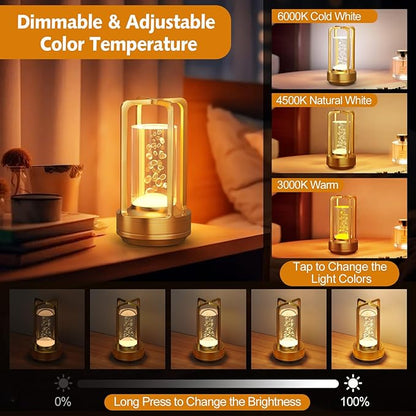 Portable Table Lamp for Outdoor Indoor: Cordless Rechargeable Desk Lamp with 3 Color Stepless Dimmable - Metal Battery Operated Lantern Light for Bedroom/Bar/Coffee Shop/Camping (Gold (Bubble))