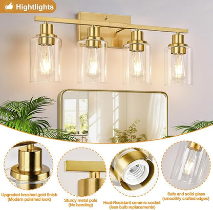 Indoi 4-Light Vanity Lights with Clear Glass Shades, Brushed Gold Bathroom Light Fixtures Over Mirror, Modern Bathroom Wall Lamp for Mirror Living Room Cabinet Bedroom Porch