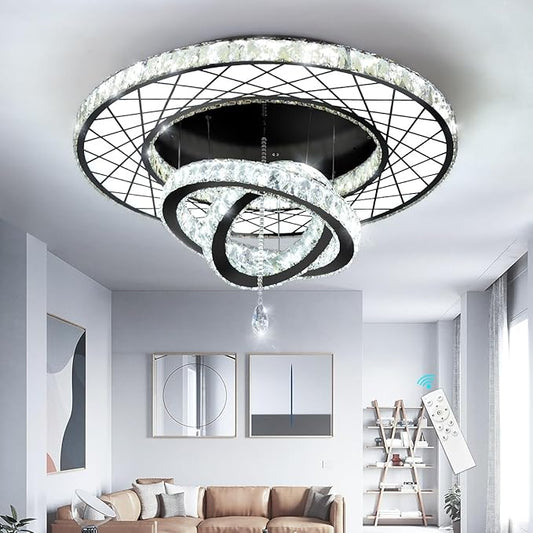 HAIXIANG Crystal Glam Chandelier LED Ceiling Light Dining Bedroom Interior Lighting Fixtures Remote Dimmable Ceiling Chandeliers 24 Inches Black Light