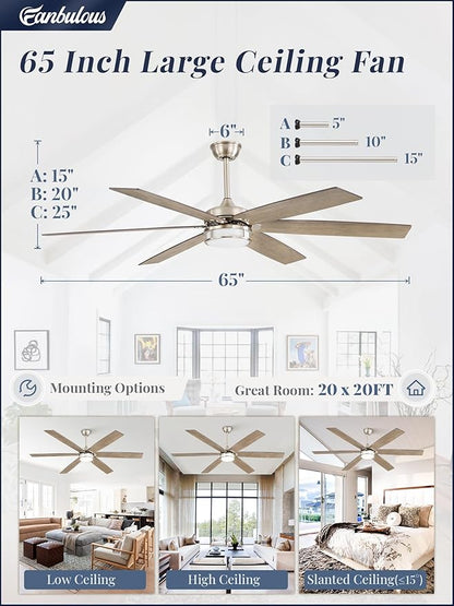 Fanbulous 65 Inch Ceiling Fans with Lights, Farmhouse Large Ceiling Fans with Remote, Brown&Grey Modern Ceiling Fan with LED Light, Quiet DC Motor for Living Room, Bedroom, Kitchen, Indoor