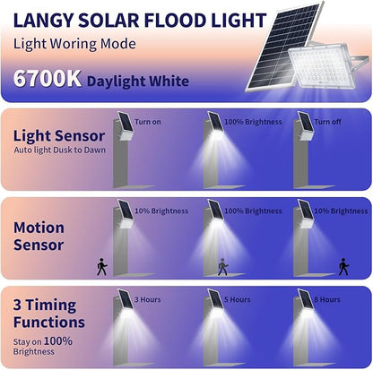 LANGY 300W Solar Flood Light Outdoor, 19200LM Solar Street Light Dusk to Dawn Security Lights, 6500K LED Solar Powered Outside Light Waterproof with Motion Sensor for Garden Yard Path
