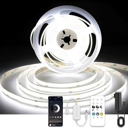 AXMOTUT COB LED Strip Lights with Remote, 24V 9.84ft White Dimmable LED Light Strips, High Bright 6000K LED Lights with Power Supply for Room, Kitchen, DIY Home Decoration