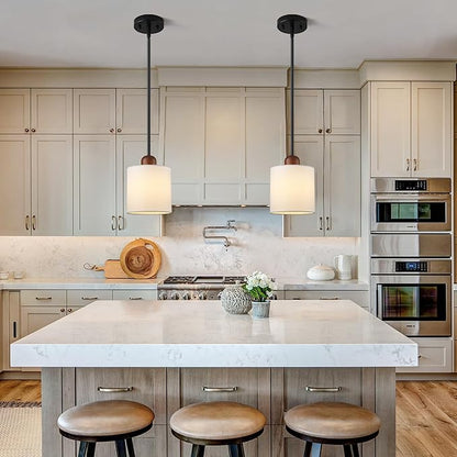 5.9" Drum Pendant Light with White Fabric Shade Modern Hanging Pendant Light Fixture| Adjustable Semi Flush Mount Kitchen Island Dining Room Bedroom Black 2 Pack