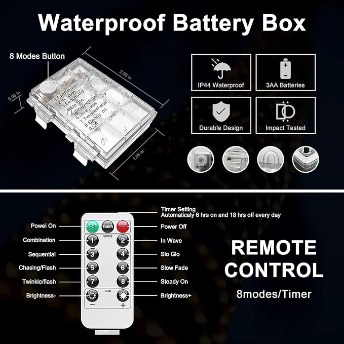 JMEXSUSS 2 Pack Battery Operated String Lights Outdoor, Total 200 LED 8 Modes Battery Powered Rope Lights with Remote &Timer, Christmas Light for Car Trampoline Tree Camping Garden Decor (Multicolor)