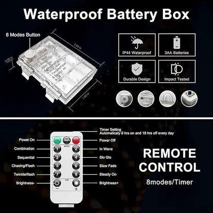 JMEXSUSS 100 LED Battery Operated Rope Lights - Outdoor Waterproof, 33ft 8Mode Battery String Lights Outdoor with Remote for Trampoline, Camping, Balcony, Canopy, Deck Decor (White)