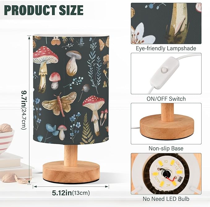 Bedside Table Lamp Mushroom Floral Butterfly Nightstand Lamp with Wood Desk Lamps for Bedroom Living Room Nursery Office Home Decor